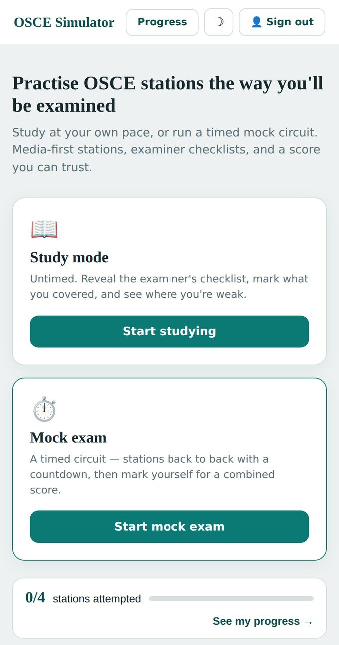 OSCE home screen with Study mode and Mock exam options