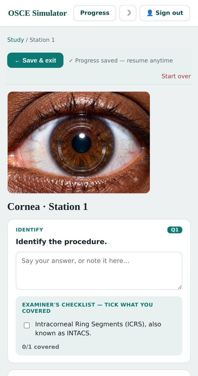 A station showing a clinical image, the question, and the examiner's checklist